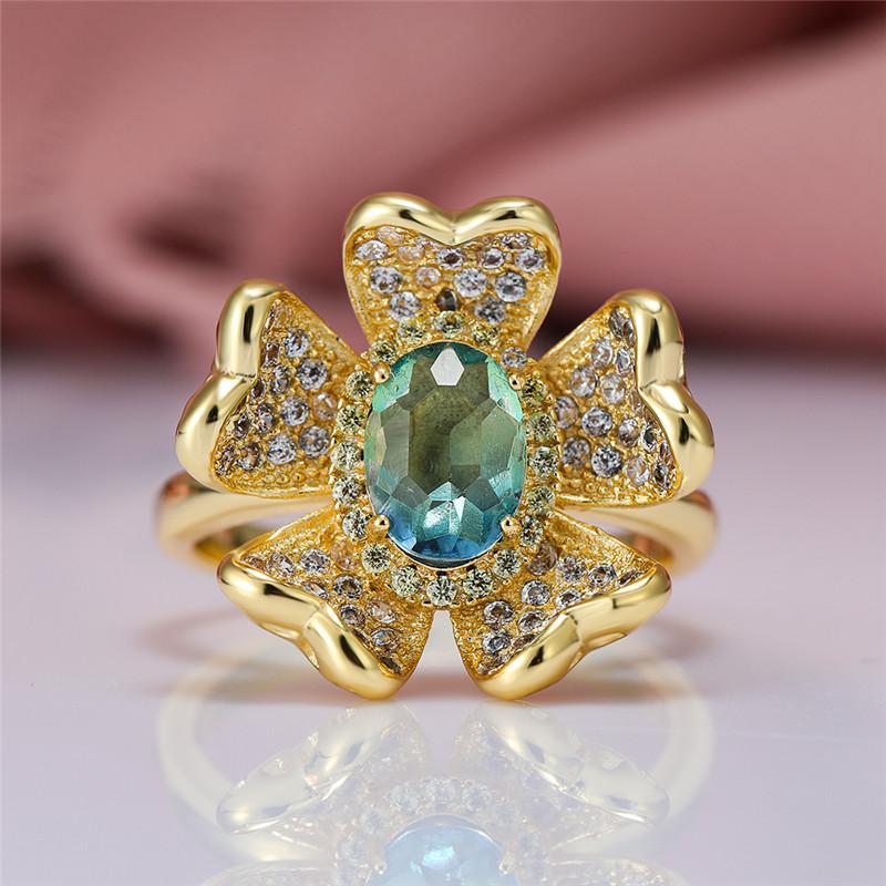 Wedding Rings Female Blue Green Oval Crystal Ring Dainty Bridal Flower Engagement Vintage Classic Rose Gold Color For Women-image-704846904
