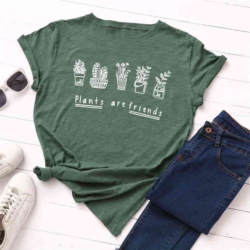 

Summer Women T Shirt Plus Size 5XL Cotton Cute Plants Cactus Print Female Short Sleeve Oversized Tshirts Casual Graphic Tee Tops 210708, Shiny green