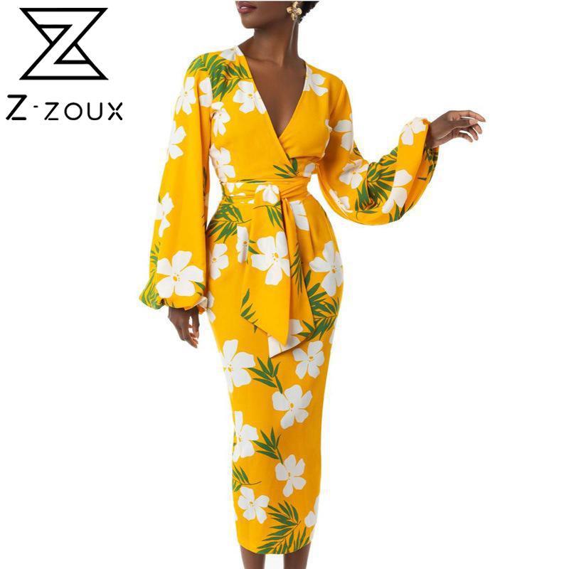 

Women Dress V Neck Puff Sleeve Print Bohemia Sexy Long Floral Maxi es Bandage High Waist es 210524, Yellow