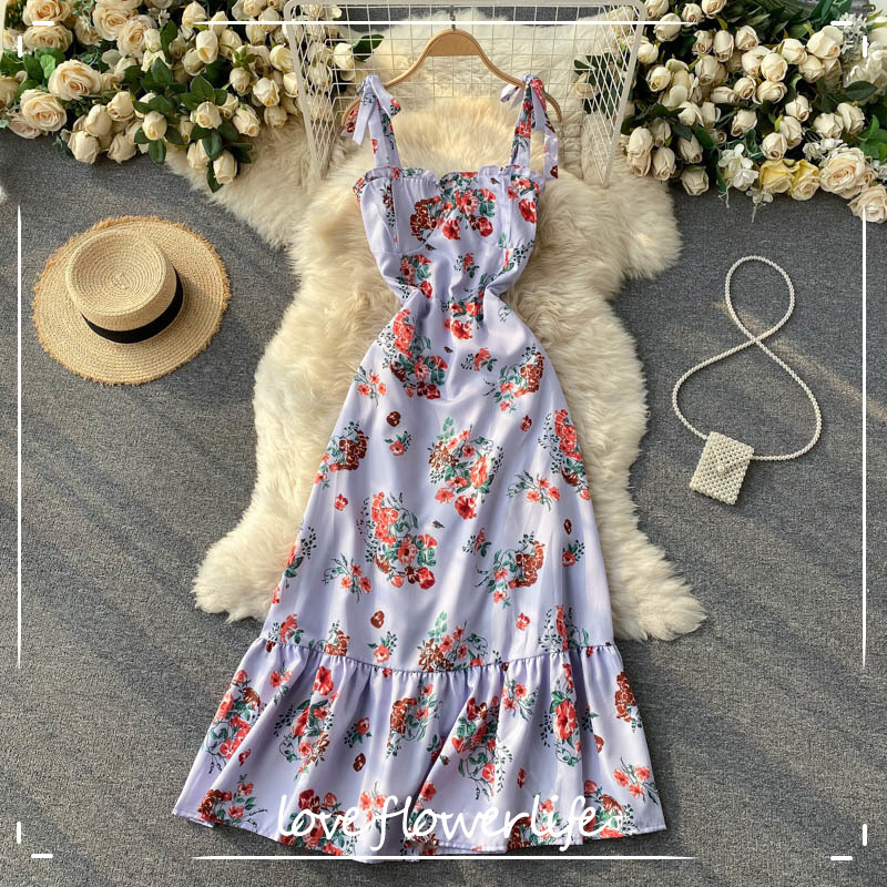 

FLF Summer Casual Ruffled Fairy Beach Dress High Waist Dress Women Elegant Spaghetti Strap Floral Print Long Dress 210521, Black