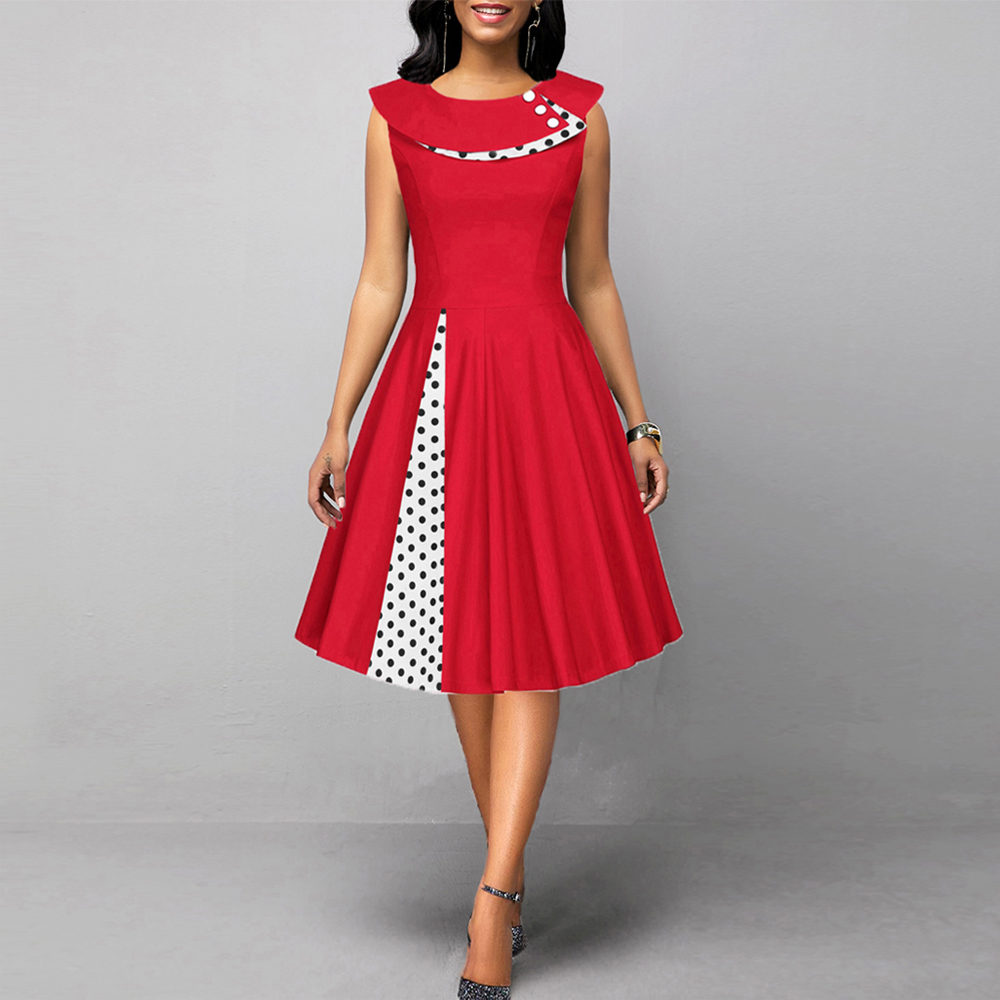 

MISSJOY 2021 Plus size 3XL Women Vintage Retro long sleeves 1950s Cocktail Ploka Dot Printed Button Patchwork midi Party dress, Beige