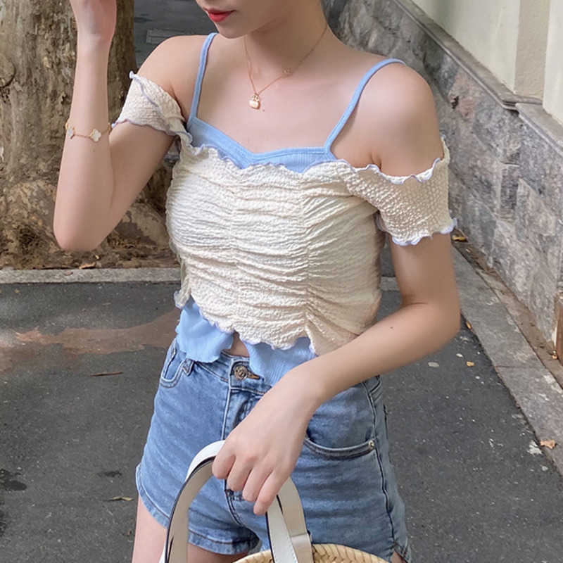 

WOMENGAGA Drawstring Lace Mesh Slim Fold Fake Two Tops Summer Top Korean Women Tank Chiffon V Neck Girl JJ4L 210603, Apricot