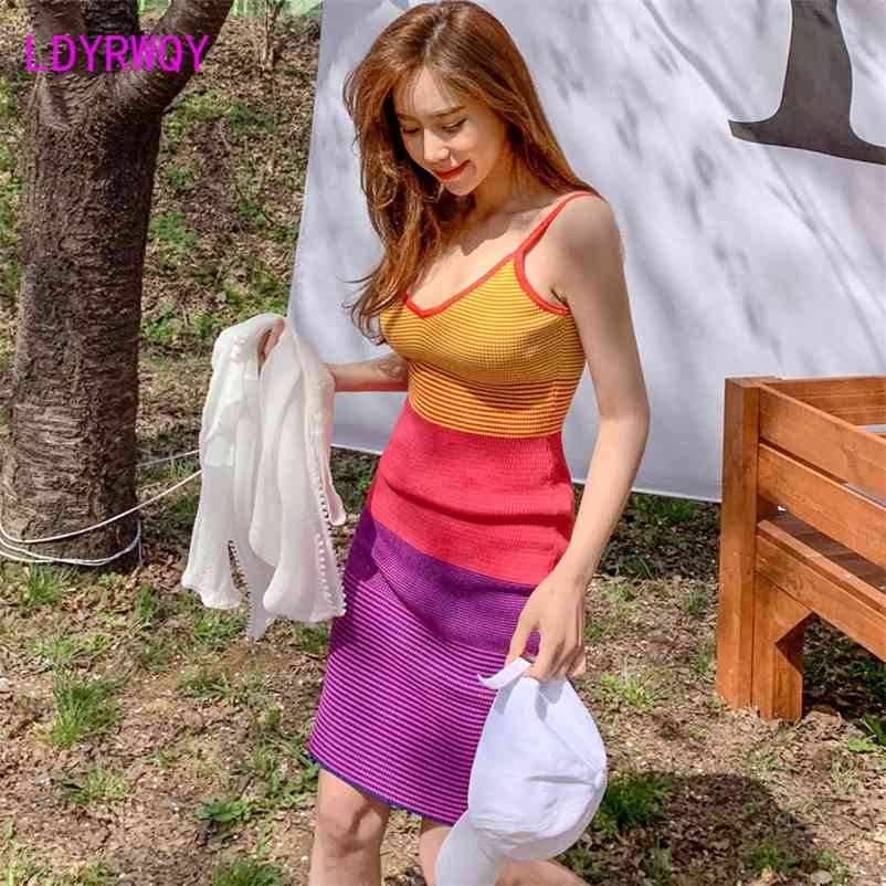 

summer Korean temperament slim V-neck sling colorblock bag hip knitted bottoming dress 210603, Yellow