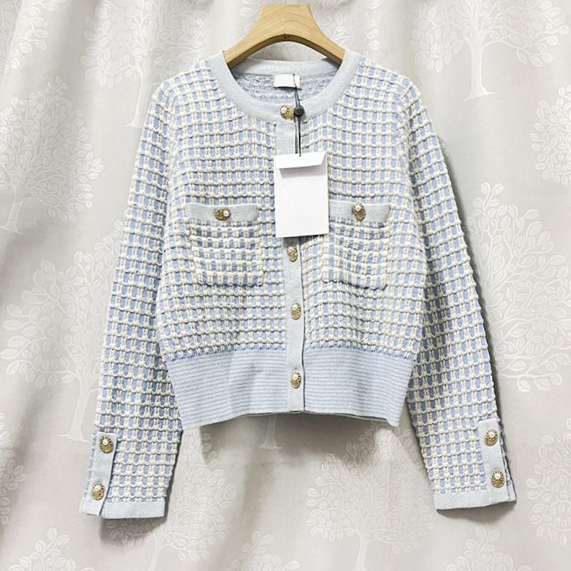 

111 2022 Spring Autumn Brand Same Style Regular Long Sleeve Crew Neck Kint Sweater Blue Cardigan Women Clothes xue, Customize
