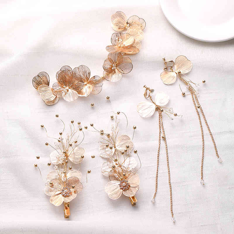 

4 Pcs Sets Headbands Flower Gold Hairgrips Tassel Earrings For Women Bridal Hair Accessories Pearls Handmade Fashion Jewelry