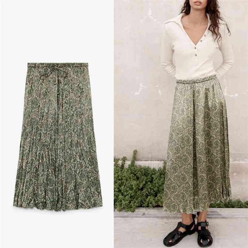 

Retro Print Satin Skirt Women High Waist Adjustable Elastic Drawstring Waistband Summer s Female Pleated Midi 210518, Green