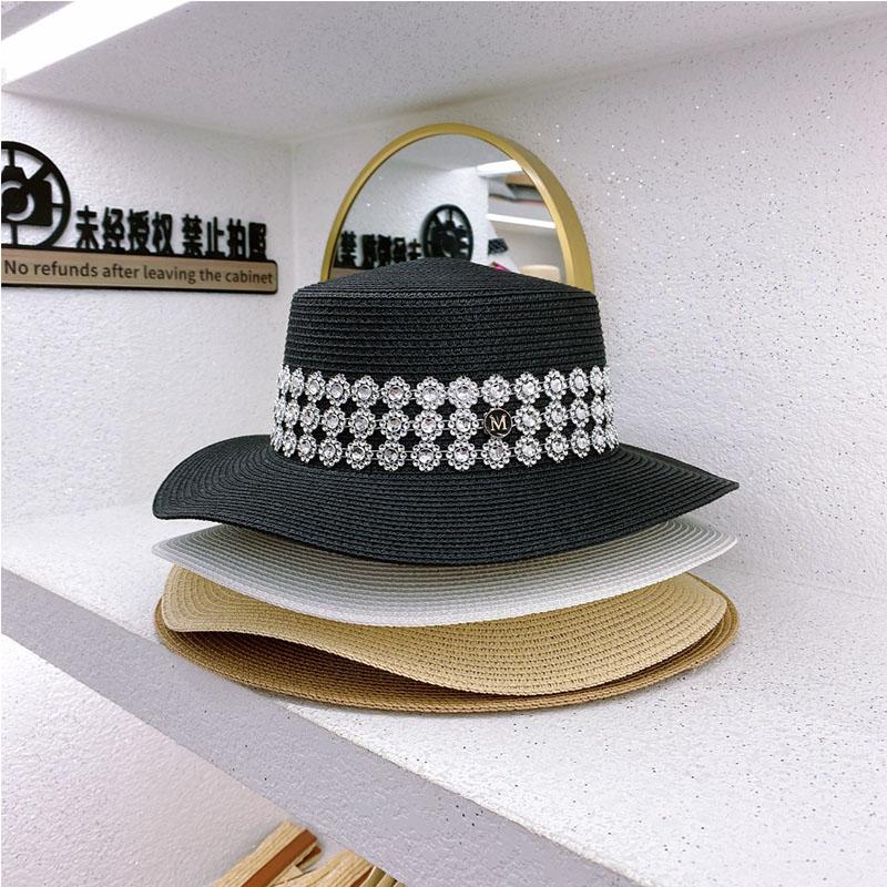 

Wide Brim Hats Women's Summer Hat Rhinestone Webbing M Letter Sun Protection Cap Female Flat Top Big Straw Beach, Beige