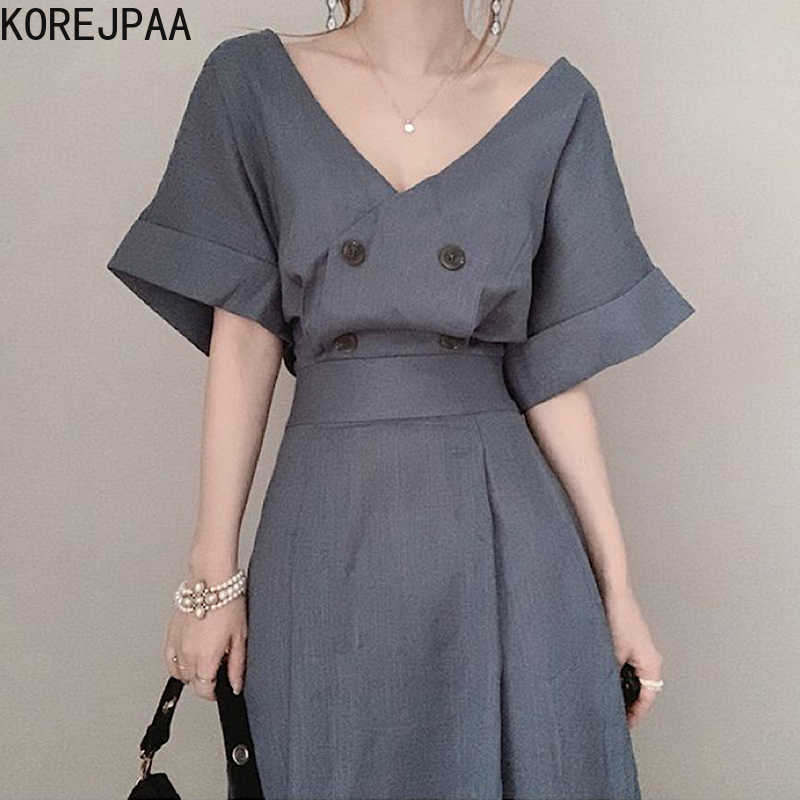 

Korejpaa Women Dress Summer Korean Fashion Chic Elegant Deep V Neck Double Buckle Waist Bubble Sleeve Casual Long Dresses 210526, Photo color