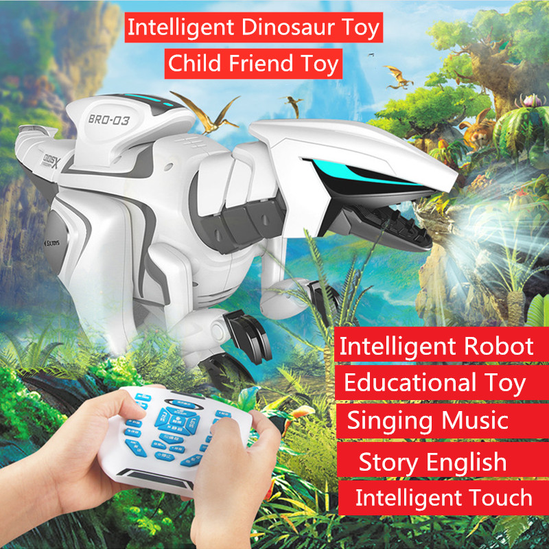 

Walking Singing Speak English Electric Dinosaur Robot Toy Child Educational Toy boy best gift Intelligent rc Dinosaur Simulation, White