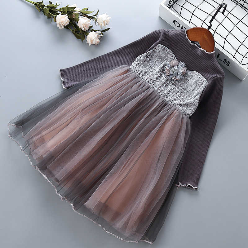 

2-7 years High quality girl dress autumn fashion lace mesh flower kid children clothing girls party princess dresses 210615, Gray