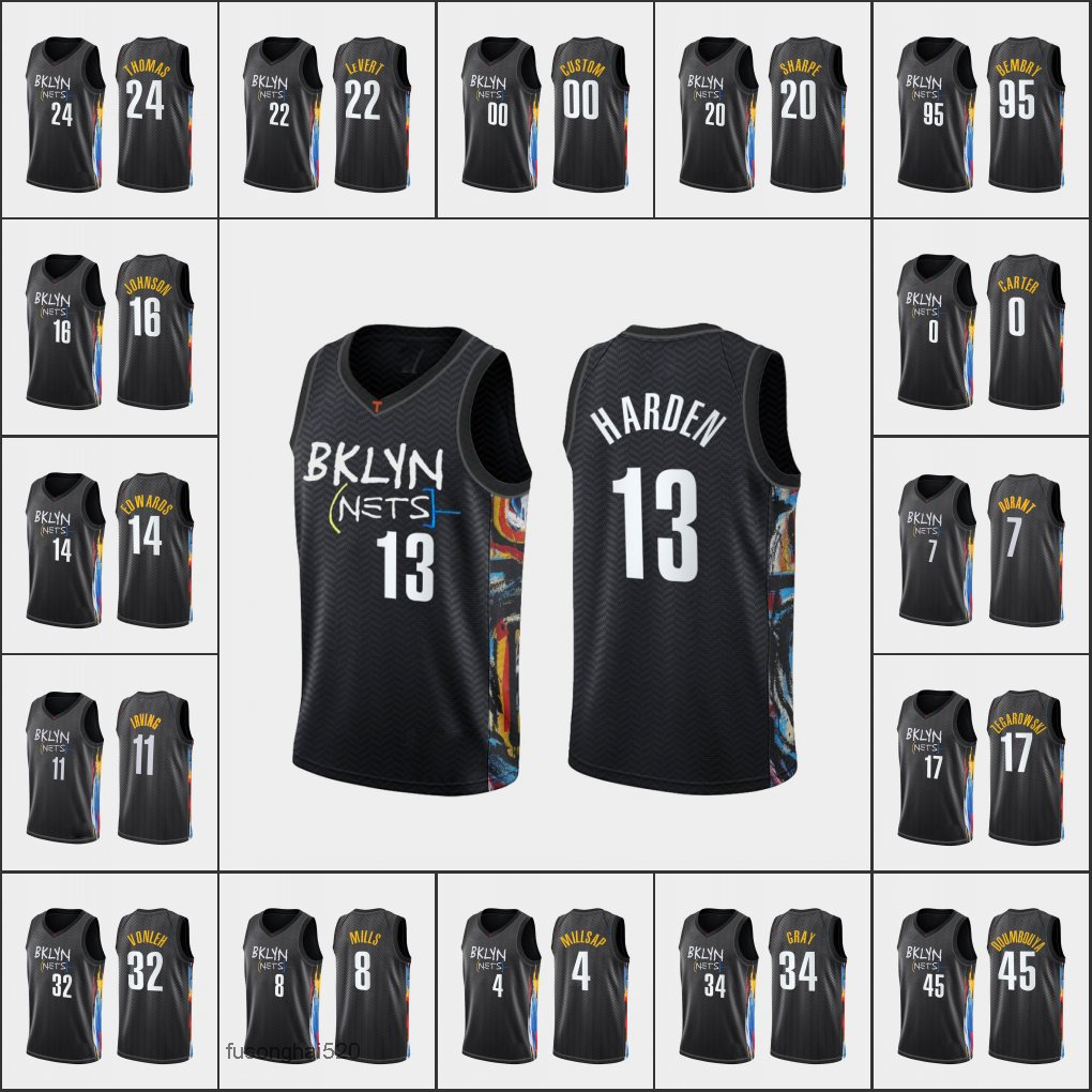 

Printed Custom Men BrooklynNetsJamesHarden Kyrie Irving Kevin Durant Patrick Mills Caris LeVert CustomCityEdition Black Jersey