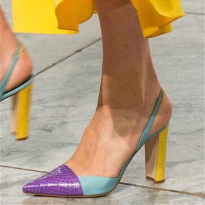 

Dress Shoes Fashion Est Mixed Color Pointed Toe And Square Heel Summer High Slip-On Slingback Sexy Women Sandals, As picture