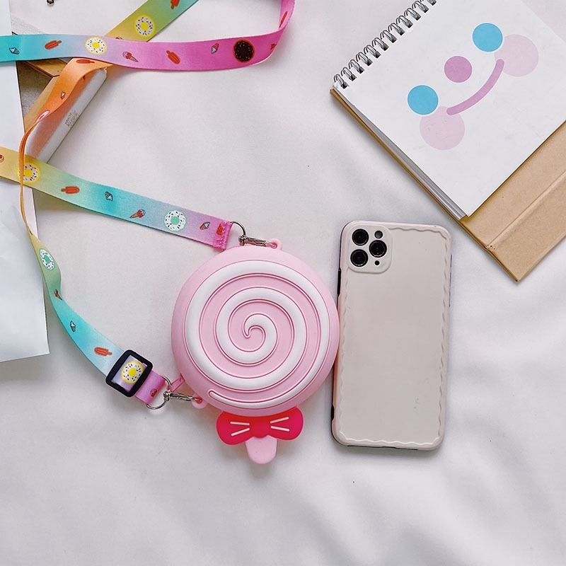 

2021 silicone fashion sweet lollipop shape messenger children's lovely round bag, Mei hong