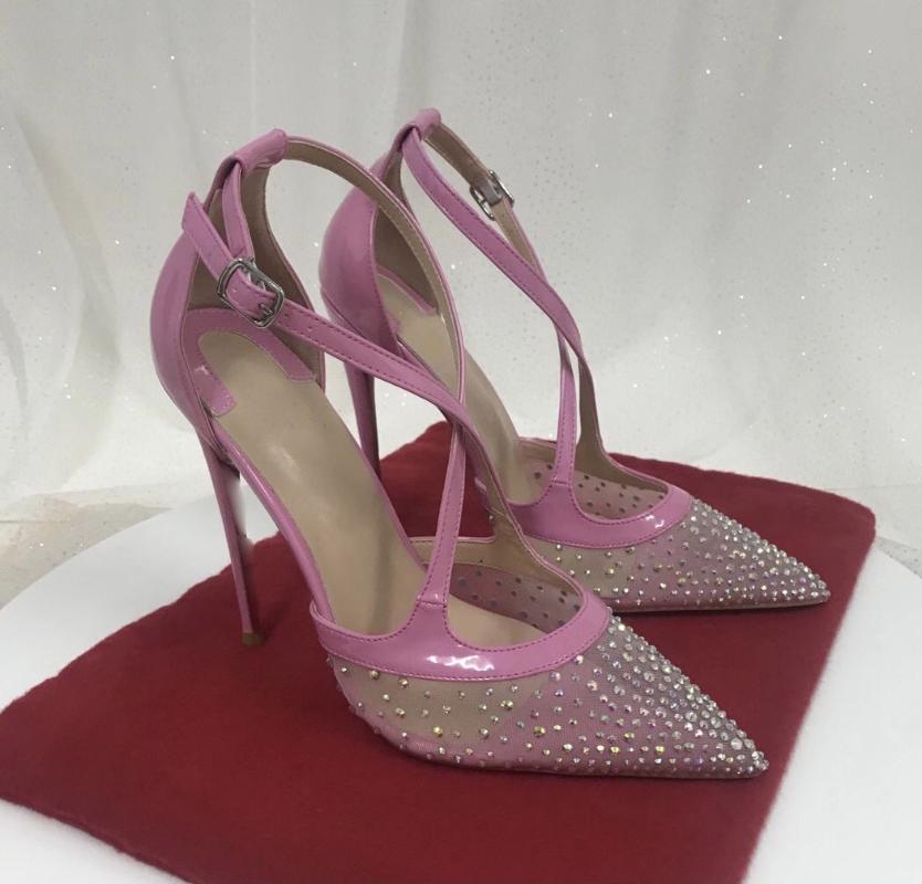 

Dress Shoes Dolly Pink Cross Strap Rhinestine Mesh Pumps Woman Thin High Heels Pointed Toe Patent Leather Patchwork Crystal Party, As pic