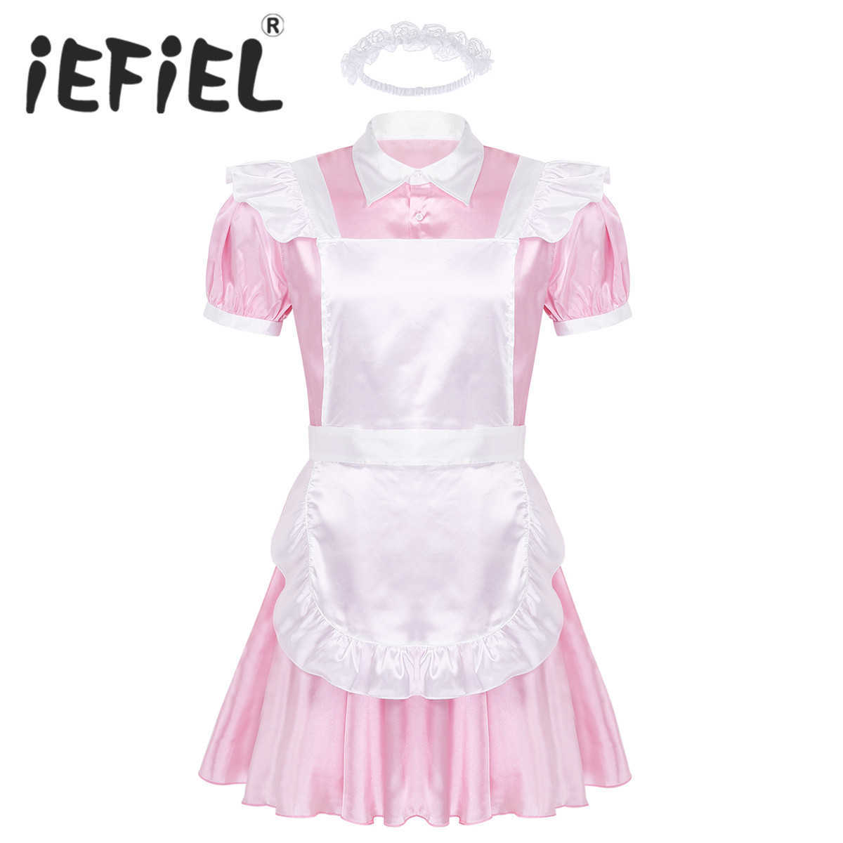 

Mens Male Adults Sissy Maid Cosplay Costume Puff Sleeve Front Button Down Dress with Apron and Headband for Role Play Halloween Y0903, Packing bag