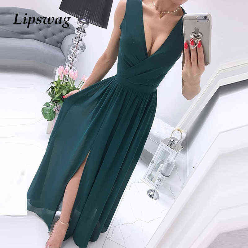 

Sexy Slim Crossover V Neck Split Maxi Dress Elegant Women Sleeveless Solid Drape Party Dresses 2021 Summer New Casual Long Dress G1223, 01 green