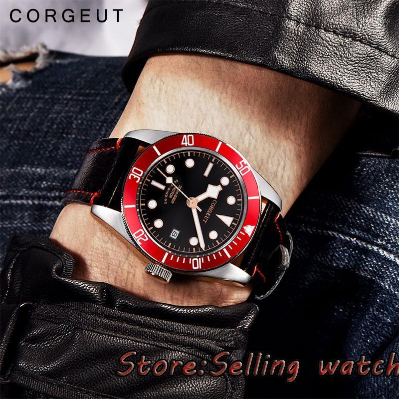 

Wristwatches 41mm Black Sterile Dial Red Bezel Sapphire Glass Miyota Automatic Mens Watch