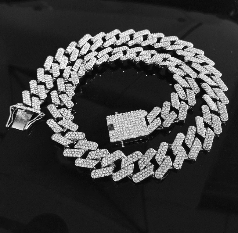 

miami cuban link chain gold and silver necklace 12.5mm three row diamond full of zircon men's hip hop