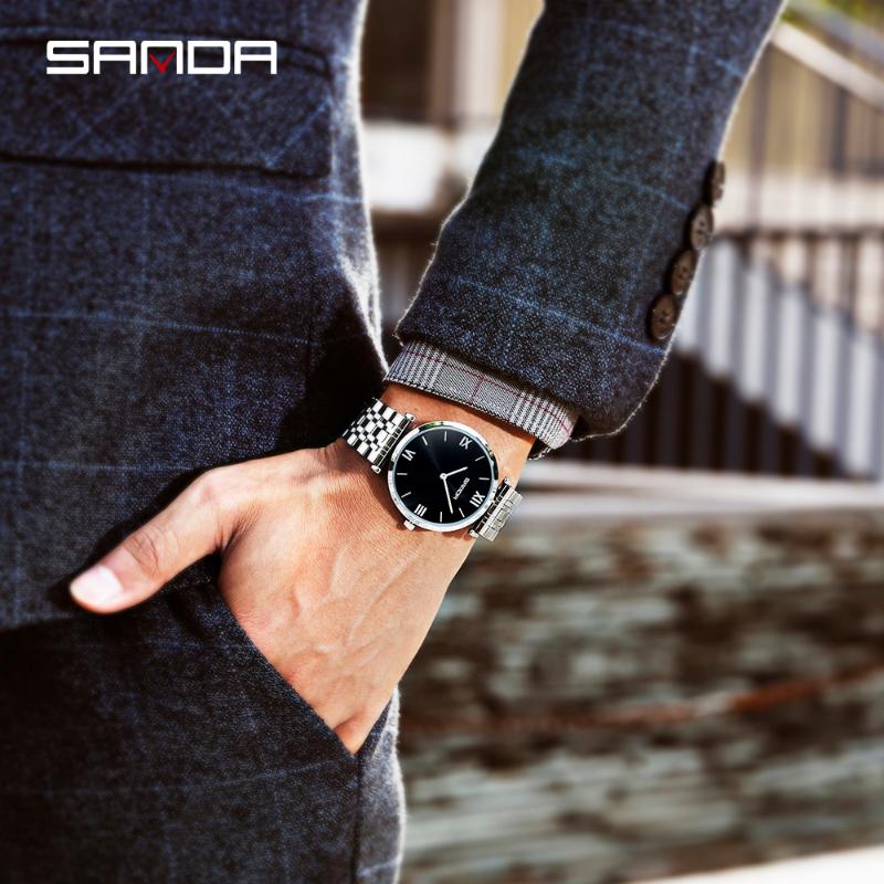 

Wristwatches SANDA Fashion Mens Watches Top Quartz Watch Men Casual Slim Mesh Steel Waterproof Sport Relogio Masculino, Silver white