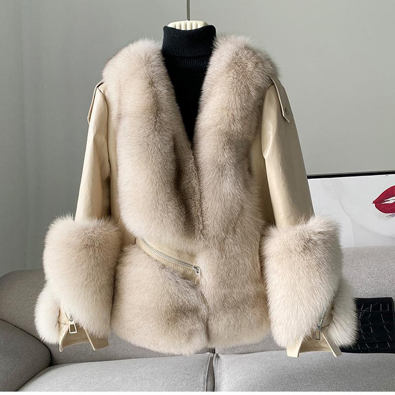 

Women's Fur & Faux Haining 2021 Winter Fashion Young Real One Short Whole Leather Coat For Women, Black
