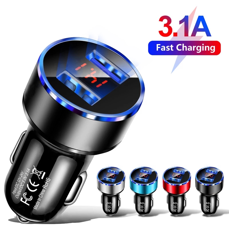 

3.1A Dual USB Car Charger for iPhone 12 6s 7 8 11 Tablet Xiaomi Samsung S10 With LED Display Universal Mobile Phone Car-Charger