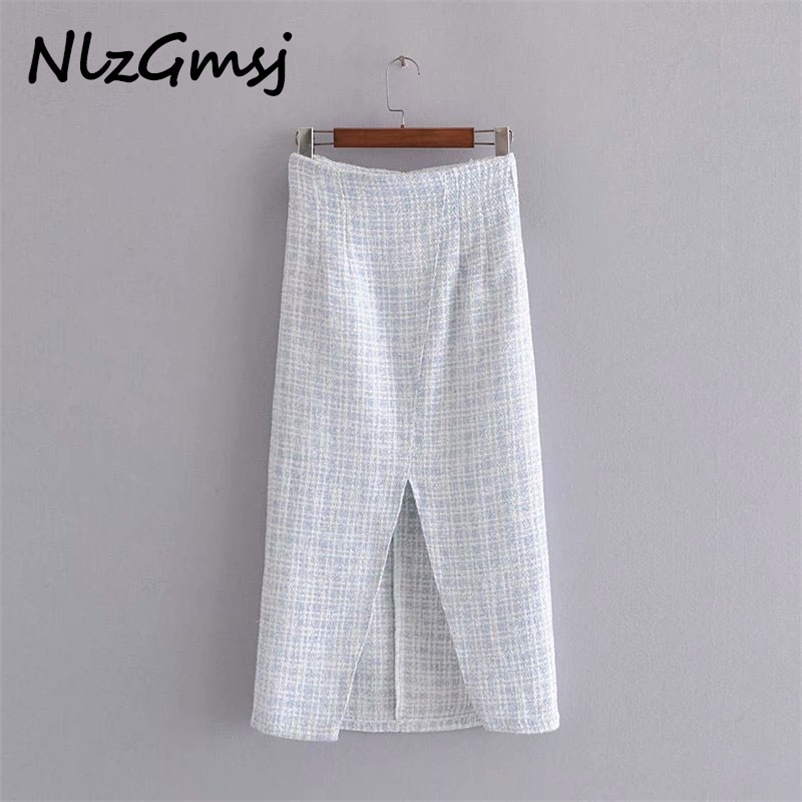 

Women Chic Fashion Front Vents Tweed Midi skirt Vintage High Waist Back Zipper With Lining Female Skirts Mujer 210628, As picture