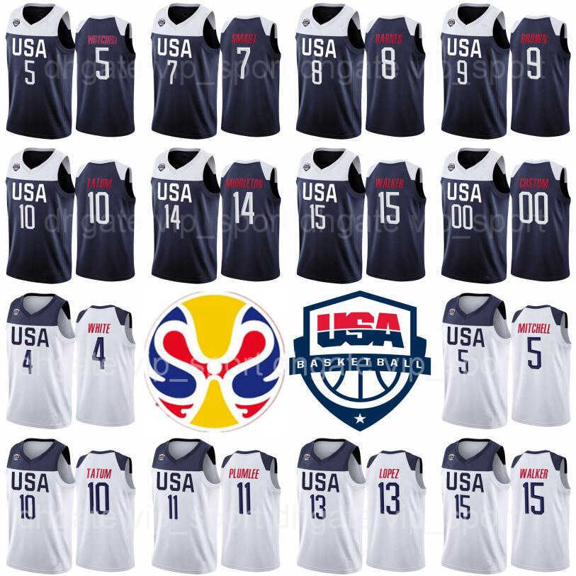 

Dream Team Jersey Kemba Walker 15 10 Jayson Tatum 9 Jaylen Brown 5 Donovan Mitchell Derrick White Brook Lopez Basketball, White with world cup patch