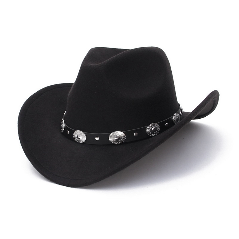 

Vintage Western Cowboy Hat For Men Wide Brim Jazz Cap With Leather Belt Sombrero Four Seasons 210608, Black