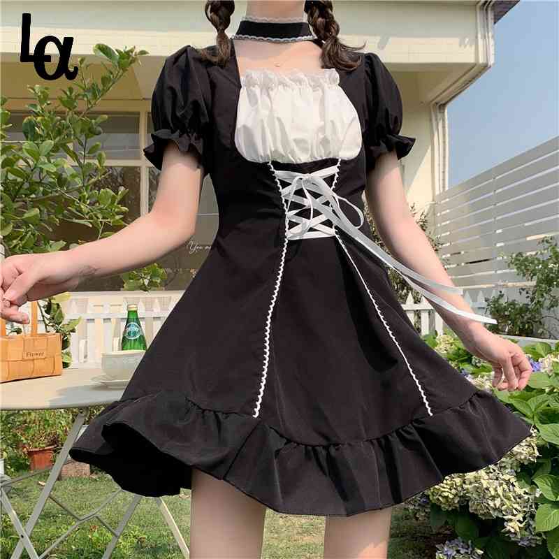 

Summer Lolita Kawaii Black Dress Women Gothic Japanese Harajuku Party Mini High Street Bubble Sleeve Bandage 210519, Kawaii dress