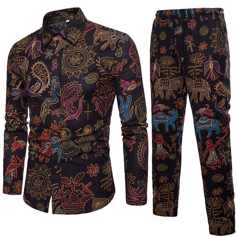 

Men's Tracksuits 2021 Men' Sets Fashion Casual Men Long Sleeve Loose Flower Shirts And Drawstring Pants Size S-5XL1, Gray