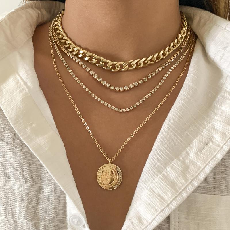 

Chokers Multi Layer Statement 4PCS/SET Gold Chains Boho Vintage Crystals Moon Pendant Necklace For Women Choker Jewelry