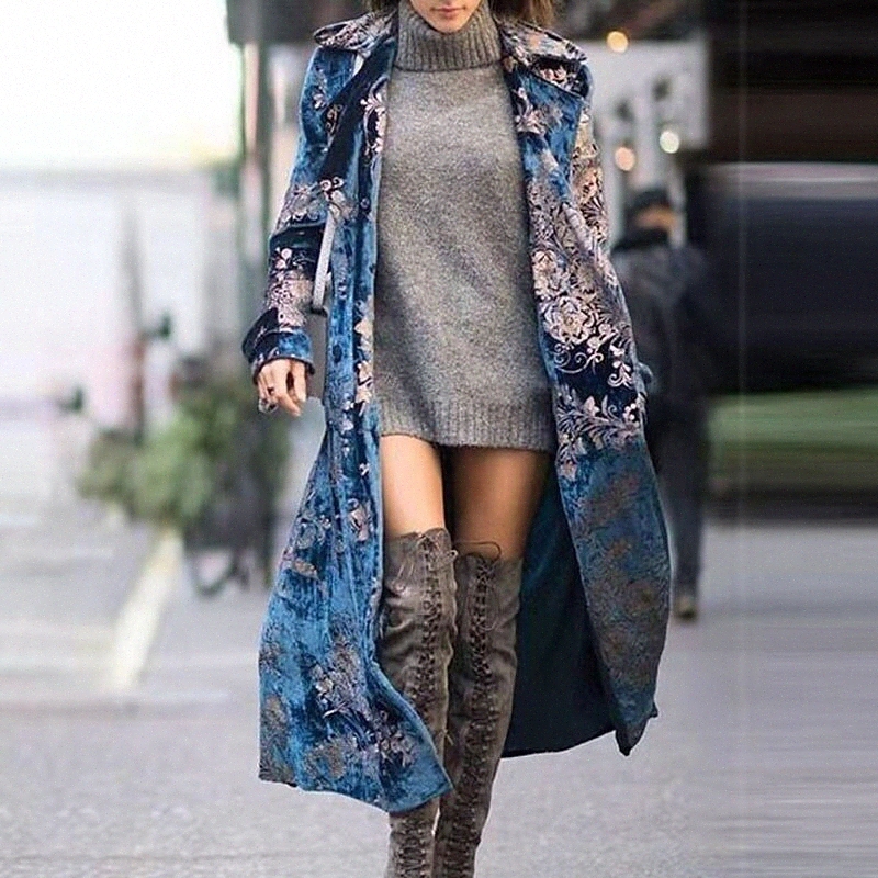 

women's Trench Coat Street Daily Going out Fall Winter Long Coat Regular Fit Warm Breathable Casual Streetwear Jacket Long Sleeve Floral Print Blue I8Ds#