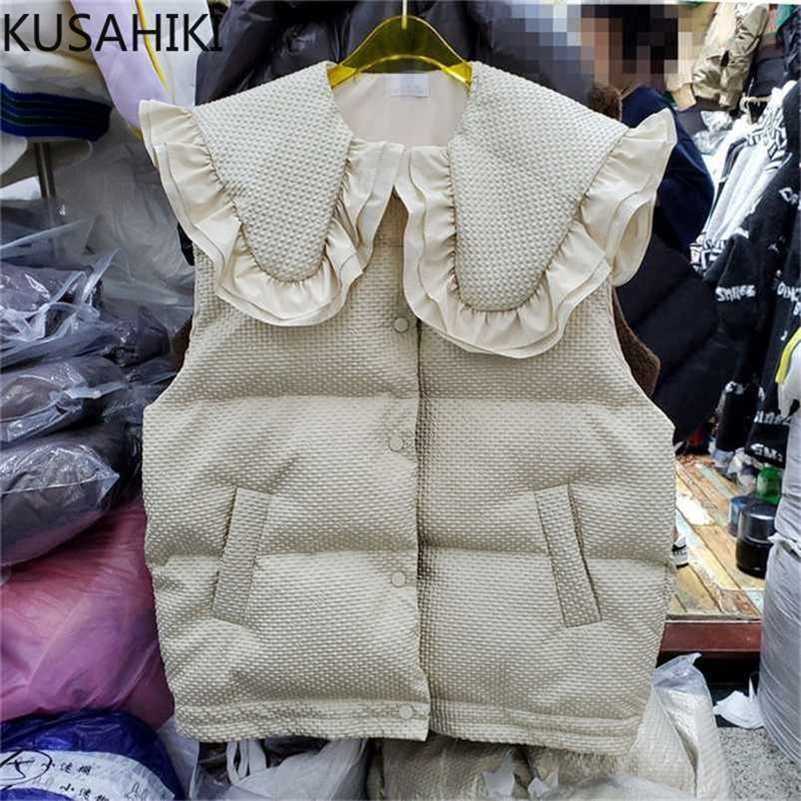 

KUSAHIKI Winter Women Vest Sweet Ruffle Turn-down Collar Coat Causal Sleeveless Single Breasted Korean Vests 6V672 220108, Apricot