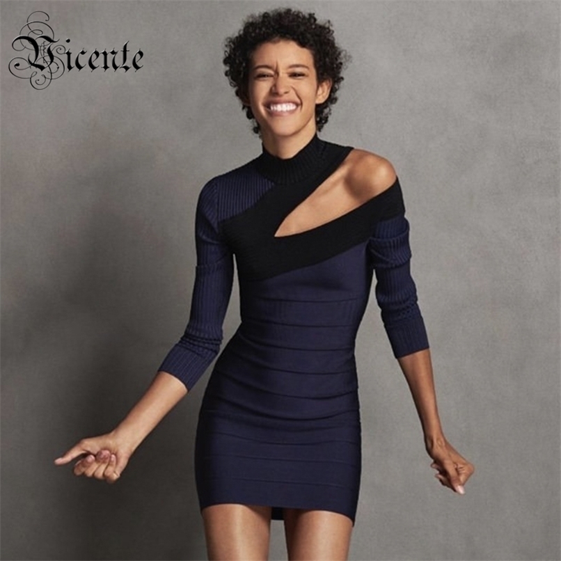 

Trendy Color Block One Shoulder Design Long Sleeves Celebrity Party Club Bandage Mini Dress 210520, Multi