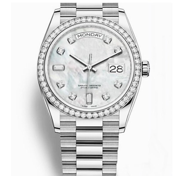 

Unisex Watch Daydate Pearl Dial Diamond Automatic Mechanical Movement Sapphire Glass Stainless Steel Men Lady Watches Male Wristwatches, Make waterproof 50m
