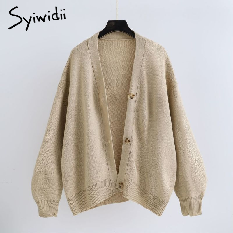 

syiwidii oversized knitted cardigans women harajuku brown sweater autumn winter 2021 korean casual vintage black warm coat