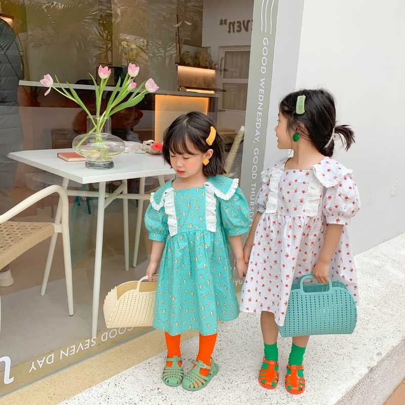 

Summer cute lace patchwork floral dress Girls cottton loose casual plittle princess dresses 210615, White