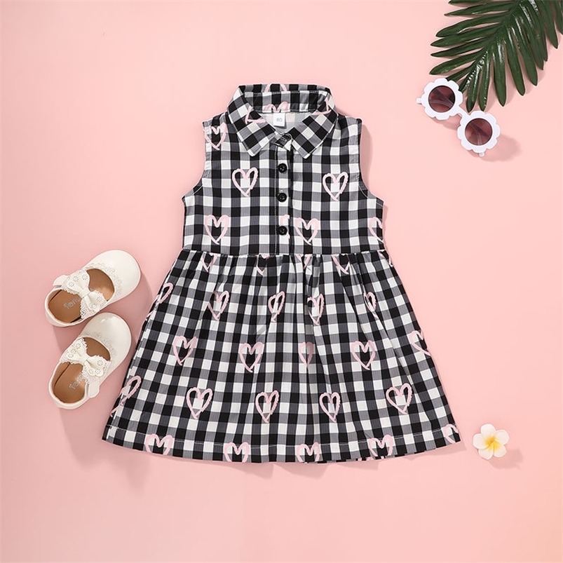 

Summer Girls Dress Dres Sleeveless Single Breasted Print Heart Plaid Cute School Style Vestidos 210629, Black