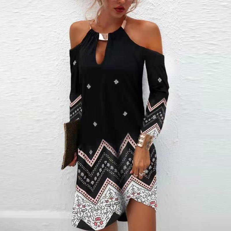 Iron Chain Halter Hollow Out Dresses 2021 Spring Floral Print Retro Party Dress Summer Sleeveless A-Line Beach-image-705767498
