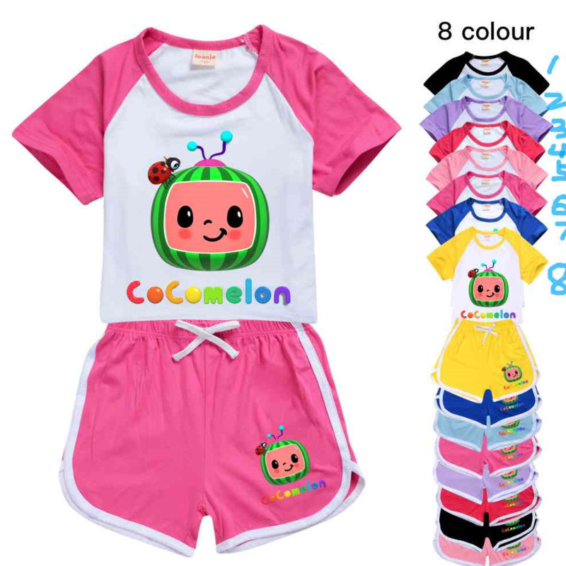 

Cocomelon Cartoon Printed Kids Summer Tracksuit Short Sleeve +Shorts Set Two-piece Suit Clothing Candy Colors Casual Outfits Clothes G496FSR, White