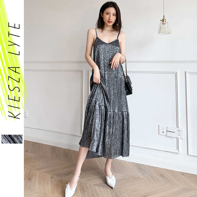 

Bright Silver Pleated Dress Summer French Vintage Sexy Holiday A Line Sleeveless Midi Dresses Female Vestidos 210608, Grey