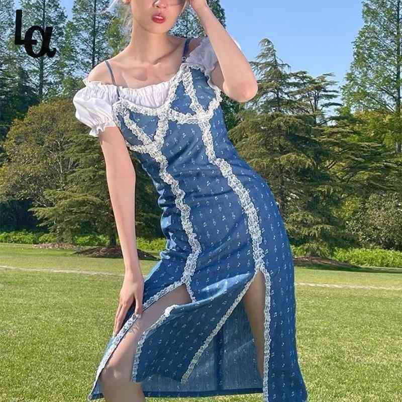 

Elegant Sexy Split Strap Dress Women Designer High Street Print Denim Midi es Korean Lace Summer Sundress 210519