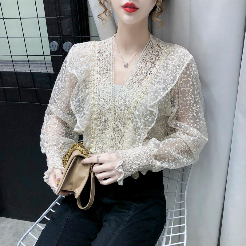 

Autumn Women Puff Long Sleeve See Through Sexy Lace Shirt Female Fashion Korean Beading Slim Casual Bottoming Tops Blouse Women' Blouses, White