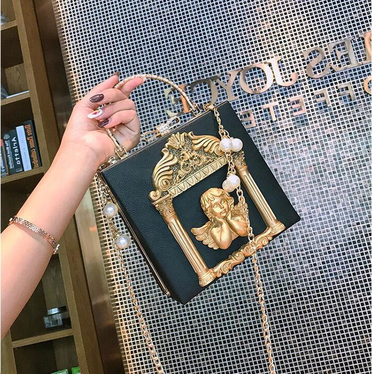 

Factory wholesale womens leathers messenger bags sweet and lovely carved angel chain bag street trend shaping hard box leather handbag elegant Pearl women handbags, White3-1009(boutique box)