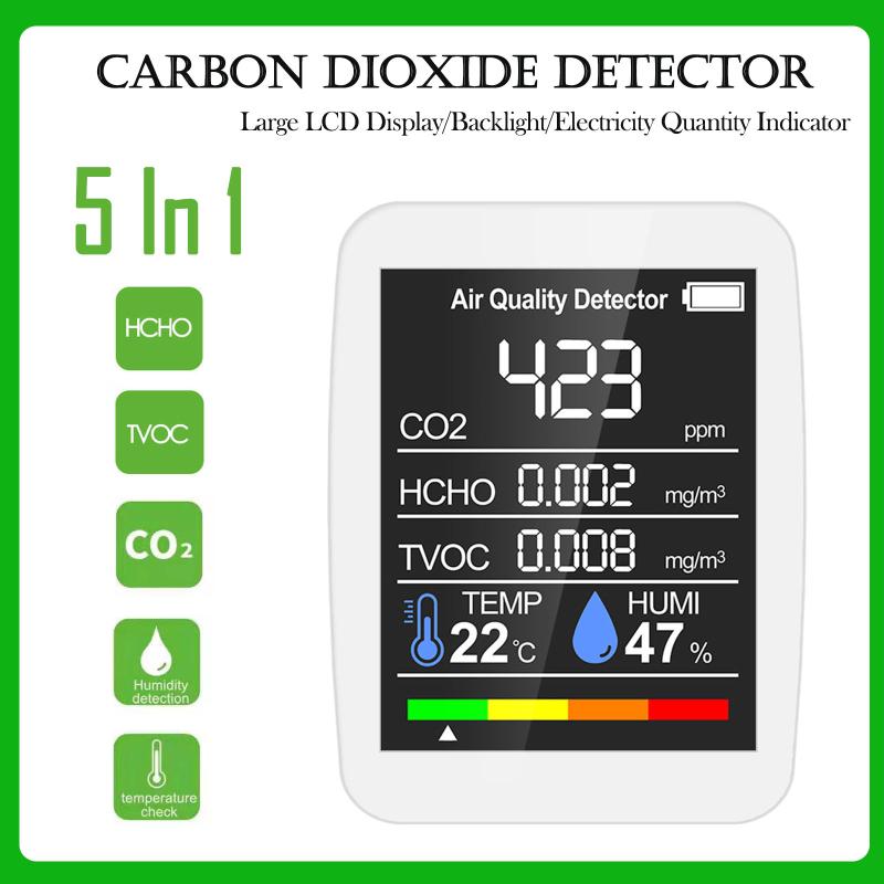 

Gas Analyzers 5 In 1 Air Quality Monitor CO2 Meter Carbon Monoxide Sensor With TVOC Formaldehyde Value Temperature Humidity Display