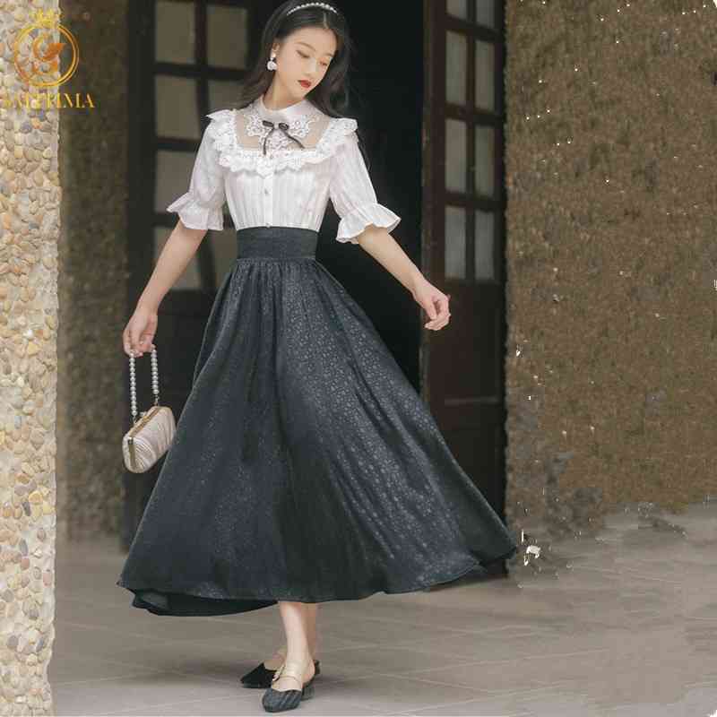 

Fashion Sets Vintage Temperament Lace Ruffle White Blouse Women High Waist Maxi Long Big Swinging Skirts Two Pieces Suit 210520, Photo color