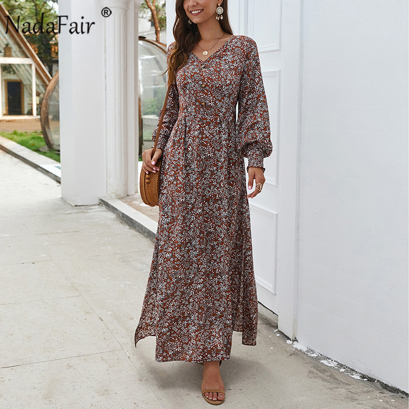 

Nadafair Vintage Lantern Sleeve Vacation Boho Dress Long V Neck A-Line High Waist Elegant Retro Floral Maxi Dress Women Vestidos, Navy black