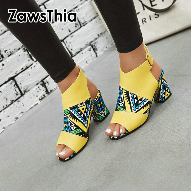 

ZawsThia 2021 Summer Peep Toe Graffiti Colorful Yellow Green Woman Sandals Chunky High Heels Women Shoes Gladiator, Black