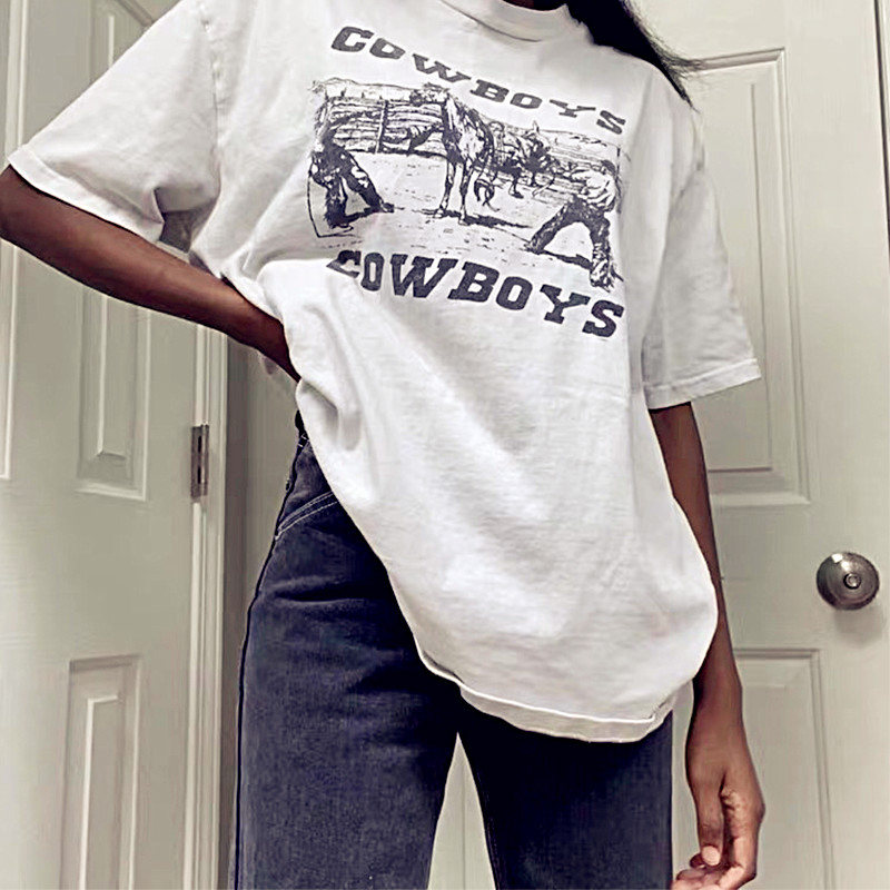 

80s 90s American Vintage Cowboy Printed Women Graphic Tees White Cotton Oversized Style T Shirt Ins Fashoin Short Sleeve Tops