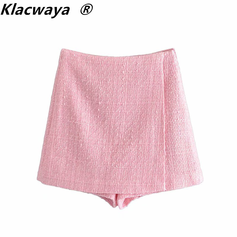 

Za Women Pink Texture Plaid Tweed Skirt Shorts High Waist Elegant Office Ladies Short Pants 210521